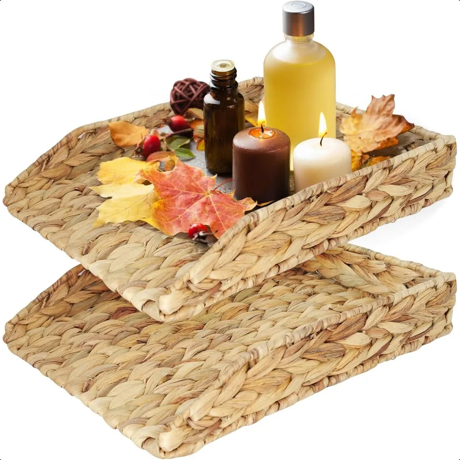 

2PCS Water Hyacinth HandWoven A4 File Tray Rec Rattan Desk Paper Letter Tray Documents Storage Baskets Paper Magazine Files Bas
