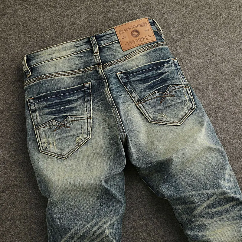 Fashion Designer Men Jeans High Quality Retro Washed Blue Stretch Slim Fit Ripped Jeans Men Straight Vintage Denim Pants Hombre