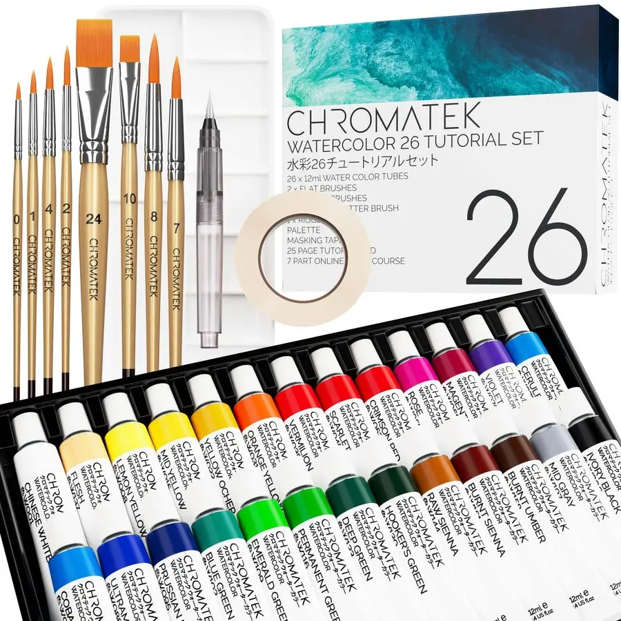 

Watercolor Paint Set 62 Piece Kit Video Tutorial Course For Adults, Beginner amp Professional Artists 26 Tubes 12ml, Sketch Pad,