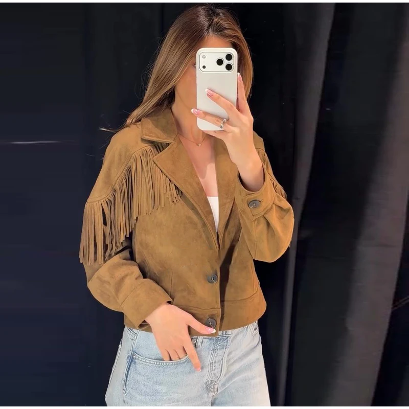 Damen-Wildlederjacken mit Übergroßem Revers und Quasten, Einreihige Kurze Mäntel, Herbst-Damenjacke mit Langen Ärmeln, Neue Oberbekleidung – Detail 12