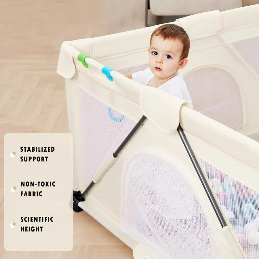 Baby Playpen Foldable Playard for Babies and Toddlers Portable Playpen Activity Center with 50 Balls+2 Handles for Travel Indoo