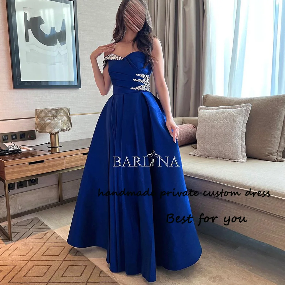 

Royal Blue One Shoulder Evening Dresses Crystal Beads Satin Pleats A Line Formal Prom Dress Floor Length Dubai Arabic Party Gown