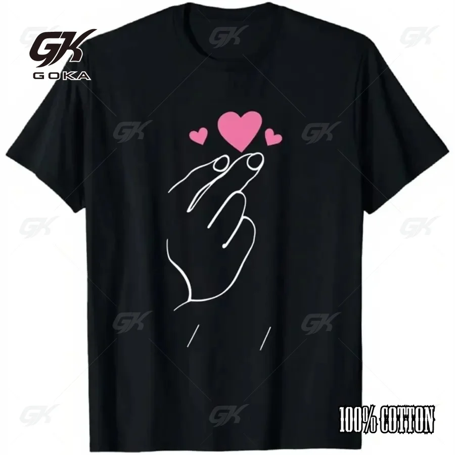 Korean Finger Heart Minimalist Line Art T-Shirt Cute Love Gesture Casual Cotton Unisex Clothes Round Short Sleeved Tops