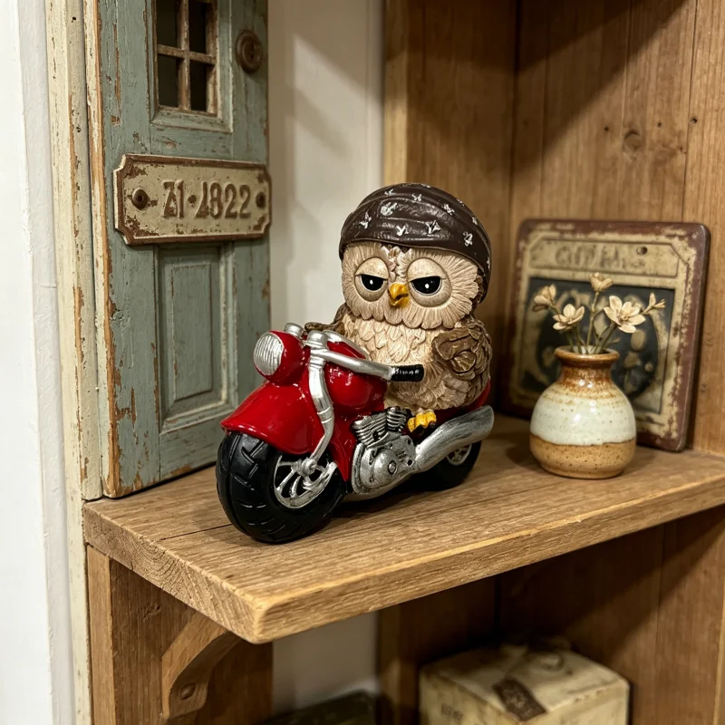 Biker Owl Resin Ornament, Cool Owl Riding Motorcycle Figurine, Hand-Painted Resin Animal Statue for Shelf Decor