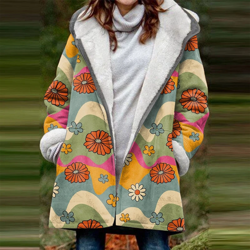 

Female Casual Fleece Warm Zipper Hoodie Jacket Fashion Lady Loose Pockets Outerwear 2023 Autumn Winter Women Printed Hooded Coat