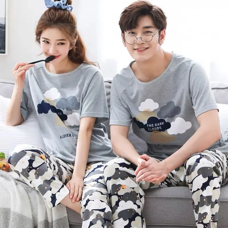 Summer Short Sleeve Pyjamas Lovers 100%Cotton Couple Pajama Sets Women/Men Sleepwear Striped Nightgown Big Size Home Clothes