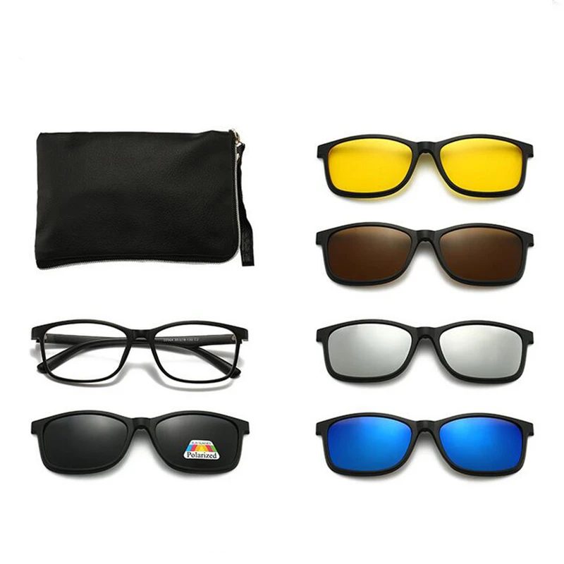 GSBJXZ Magnet-Clip, quadratische Myopie-Sonnenbrille für Herren und Damen, mit 5 Clip-on-Sonnenbrillen, polarisierte verschreibungspflichtige Brillen, 0–0,5–0,75 bis–6,0 5