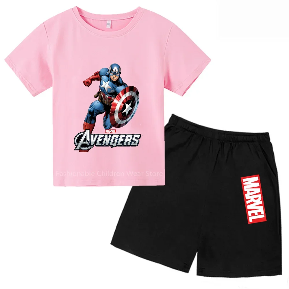 Marvel Avengers Captain America Cartoon Kids' T-shirt & Shorts Set - Stylish & Cool for Boys & Girls' Summer Outdoor Fun