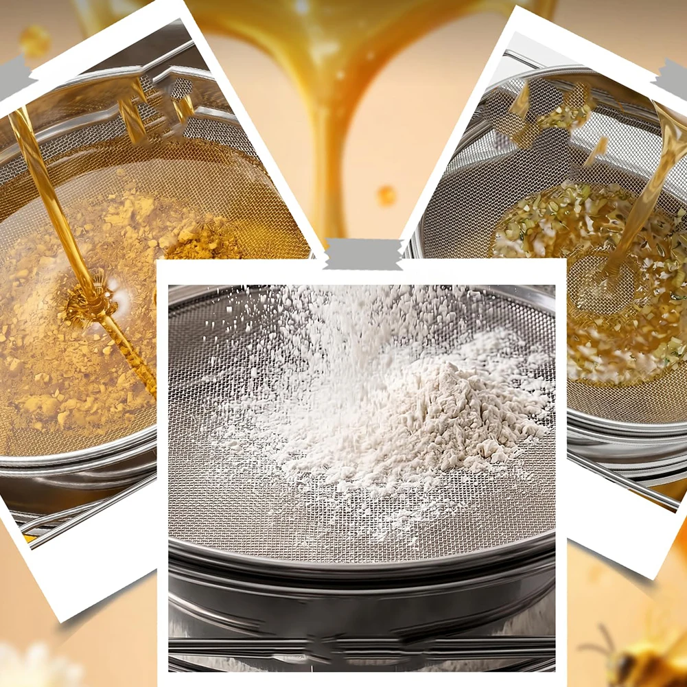 Stainless Steel Honey Sieve with Adjustable Support Arms for Stable Placement on Standard Honey Buckets During Processing