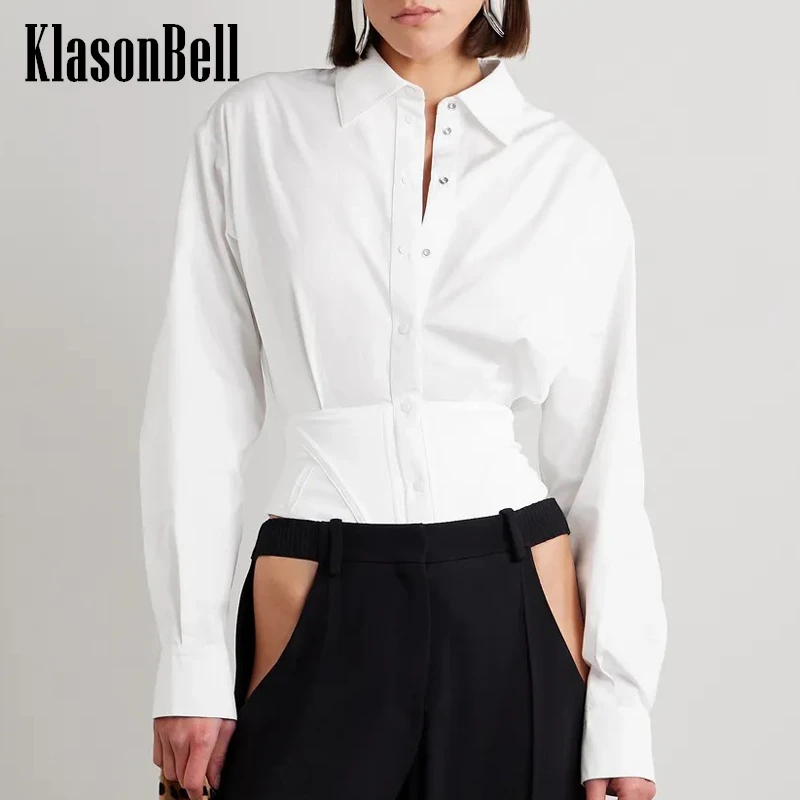 

4.29 KlasonBell Fashion New White Multi-Fabric Spliced Collect Waist Playsuit Lapel Single Breasted Bodysuits Women Clothes