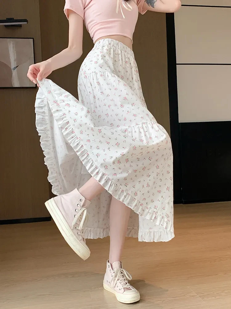 Jmprs Floral Ruffles Sweet Long Skirts Women Vintage Elegant High Waist French Skirt Casual Loose Preppy Style Retro Lady Skirt