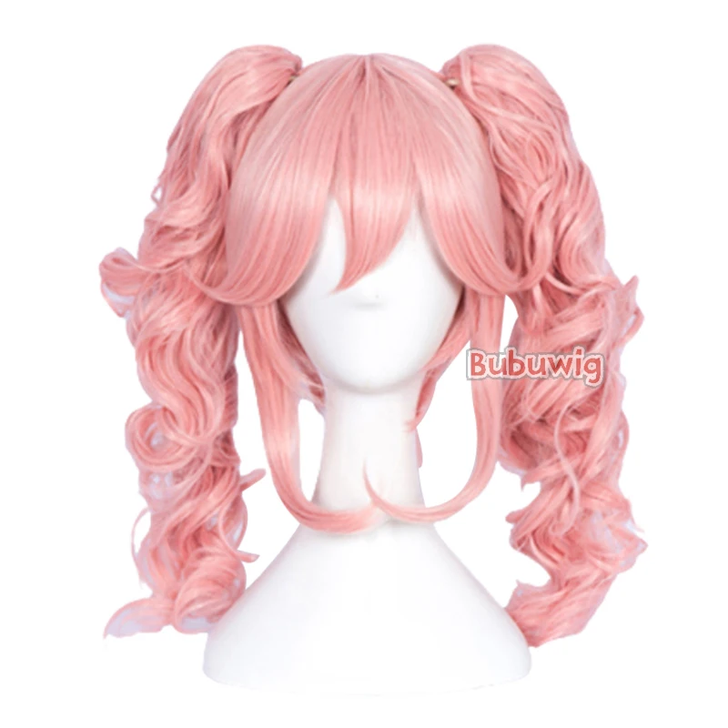 Bubuwig Synthetic Hair Fate FGO Tamamo no Mae Ponytail Wig 40cm Long Curly Pink Cosplay Party Wigs With 2 Clips Heat Resistant