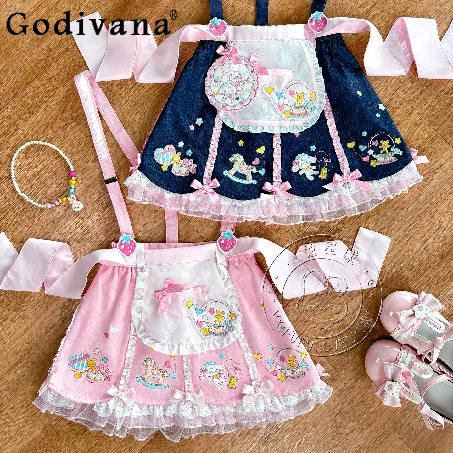 Summer New Sweet Strap Skirt Apron Set Japanese Soft Girls Kawaii Print Embroidery Mini Skirt Top T-Shirt Daughter's Clothing
