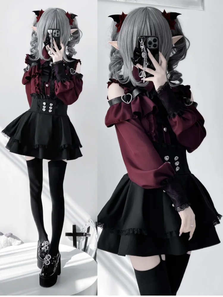 2025 النمط الياباني تنورة قصيرة مجموعة القوطية كشكش التنانير الصغيرة مثير الدانتيل قبالة الكتف لوليتا قميص ثوب Faldas Y2k البدلة الجمالية