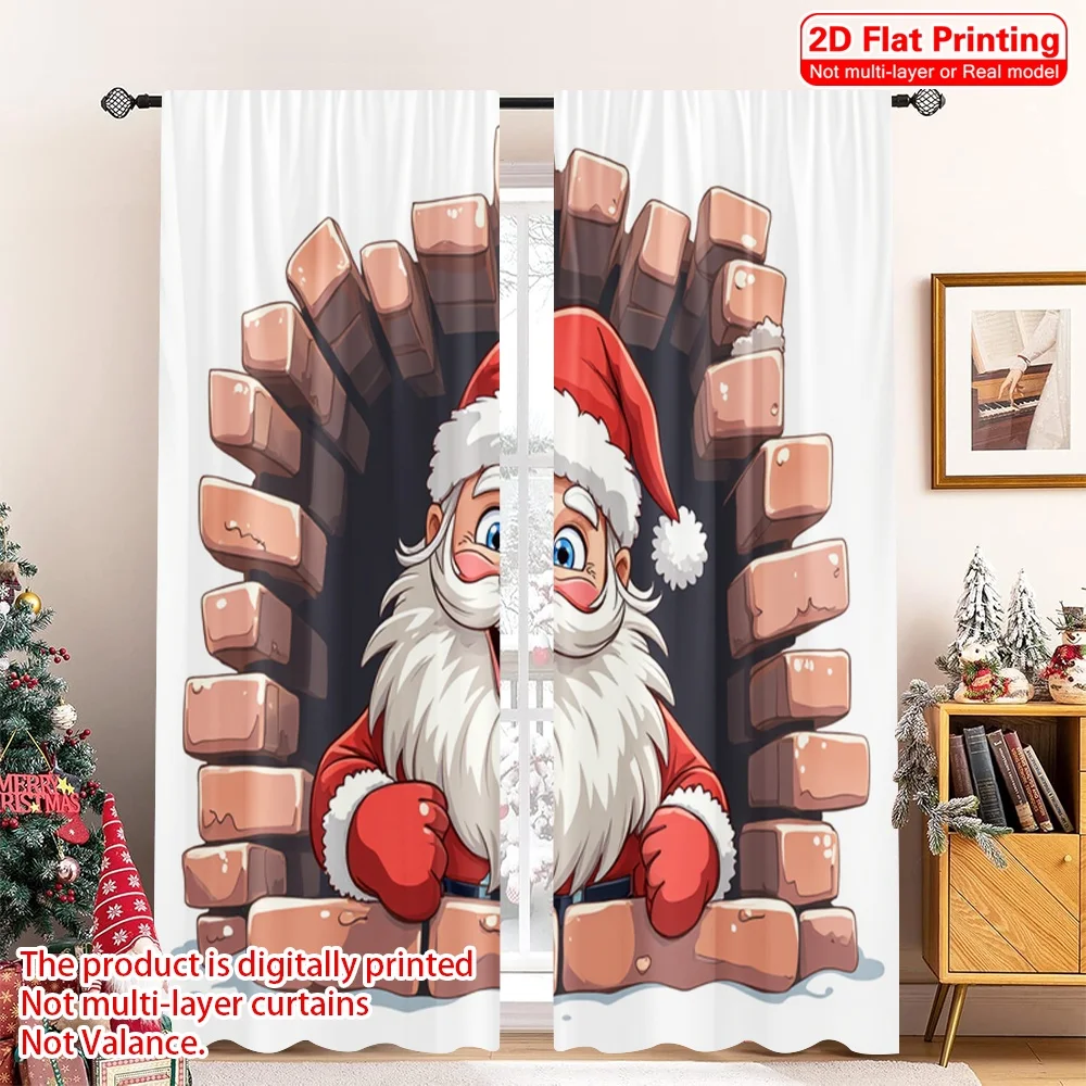 

2pcs 2D flat printing Merry Christmas Popular Curtain Santa Claus peeking through brick wall 100% Polyester Without Electricity