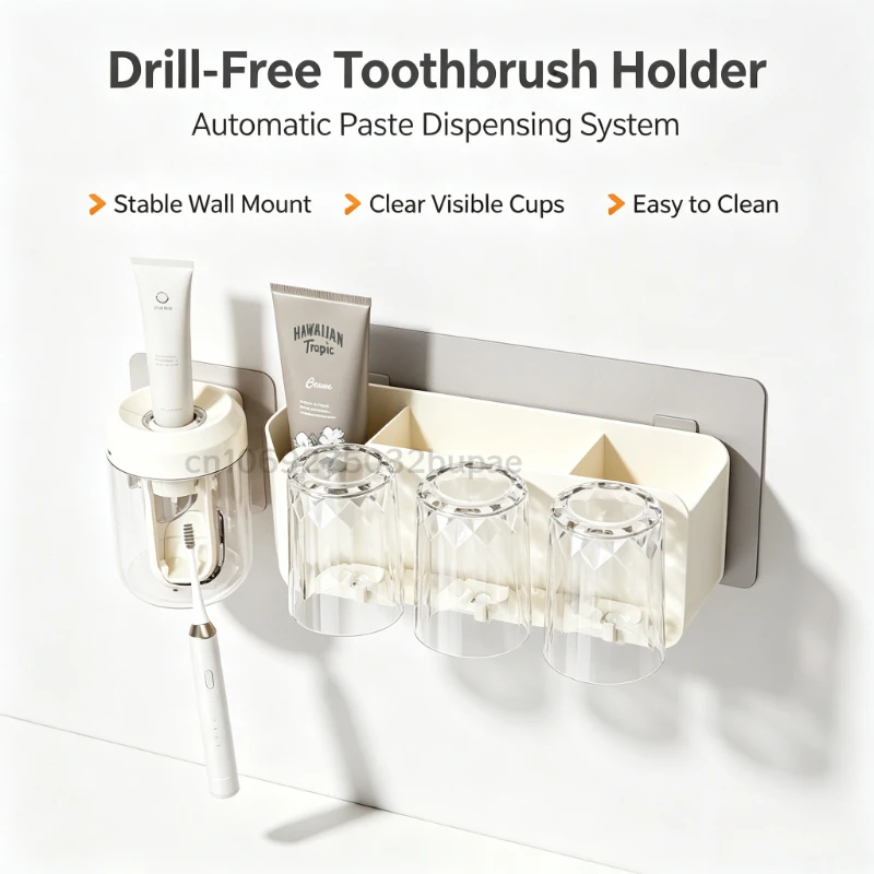 Multifunctional Wall Toothbrush Holder for Bathroom Wall-mounted Kit Automatic Toothpaste Dispenser with Clear Mouthwash Cups