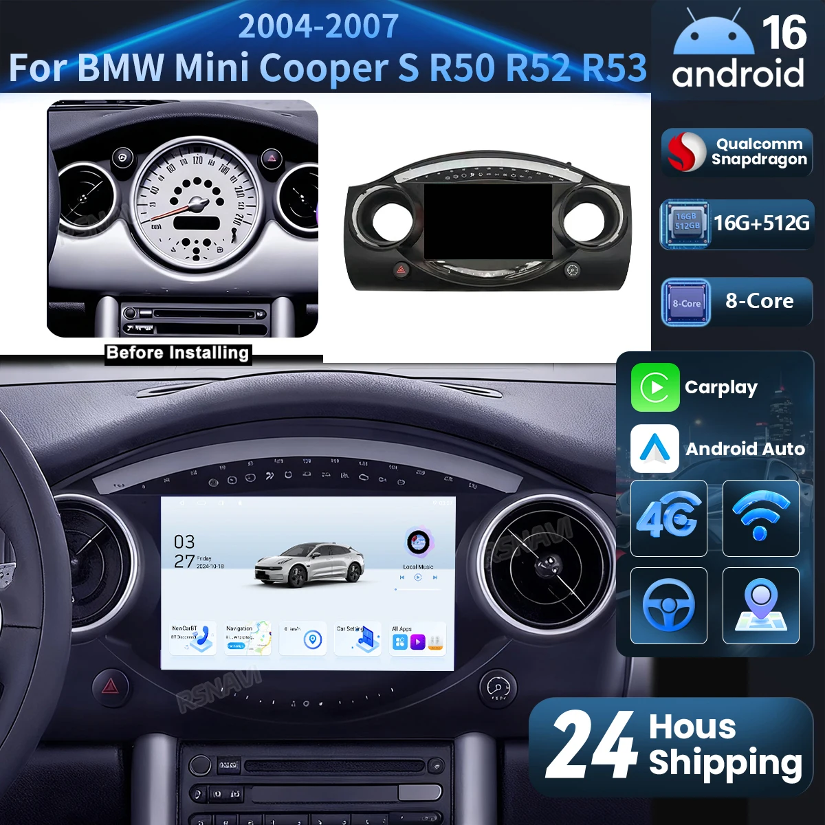 Radio Multimedia para Auto con Pantalla 2K y Android 16 Carplay para BMW Mini Cooper S R50 R52 R53 2004-2007 Qualcomm 16G-512G BT