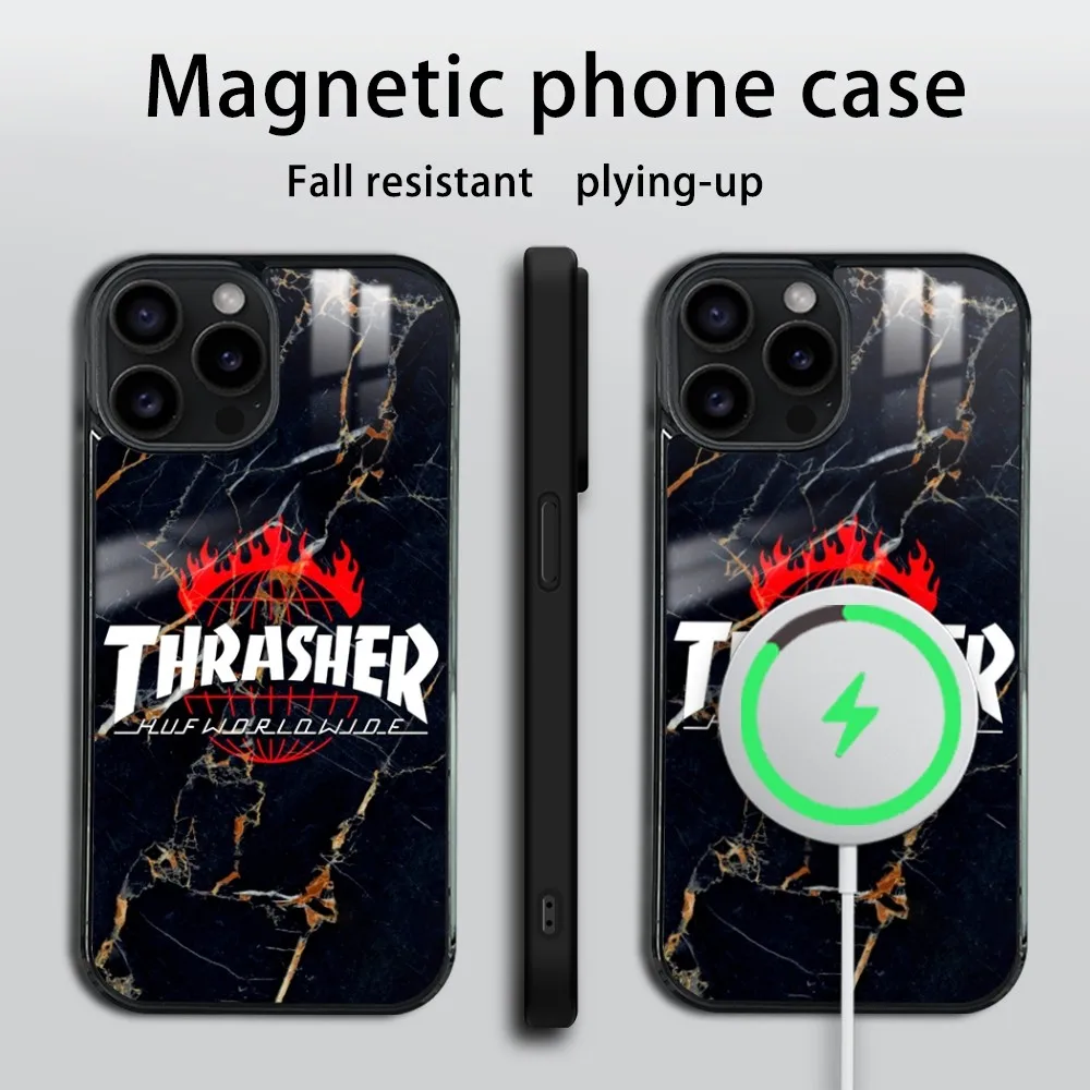 skateboard brand T-thrasher Phone Case For iPhone 16 15 14 13 12 11 Pro Max Plus Mini Magsafe Mirror Wireless Magnetic Cover