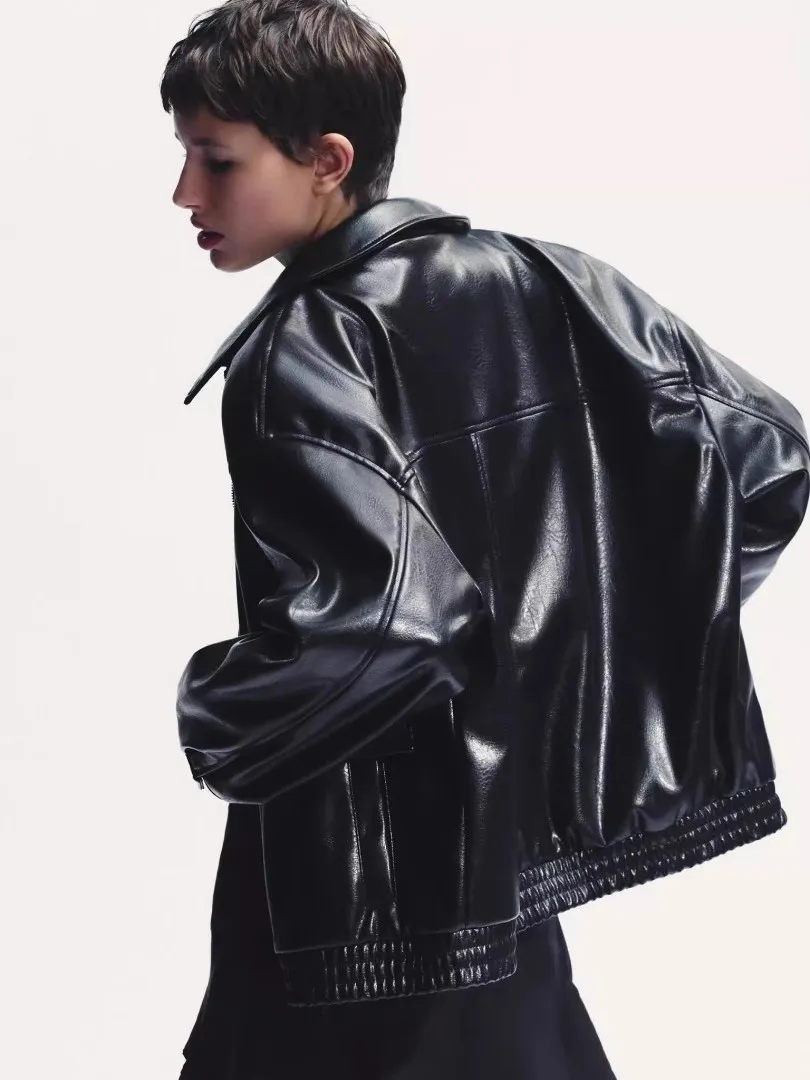 New 2025 Autumn Women's Workwear Sle Faux Leather Pilot Collar Jaet Outerwear 439773 800 Faion Stand Fit Ladies Coat