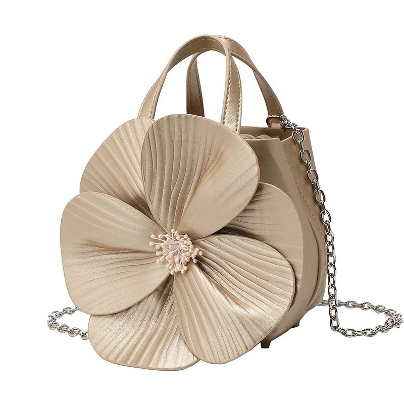 Exquisite Flower Shaped Handbag with Ruffled Layers  Pearl Accent Chic Chain Strap with Matching Metallic Charm Glamour XA10HH