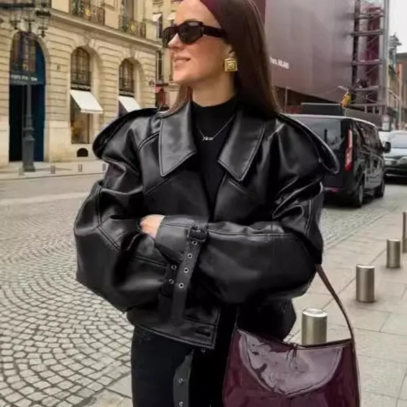 

Elegant Chic Bomber Jacket Y2K Long Sleeve Lapel Collar Botton Slim Belt Motorcycle Coat Outwear Vintage Women Leather Jacket