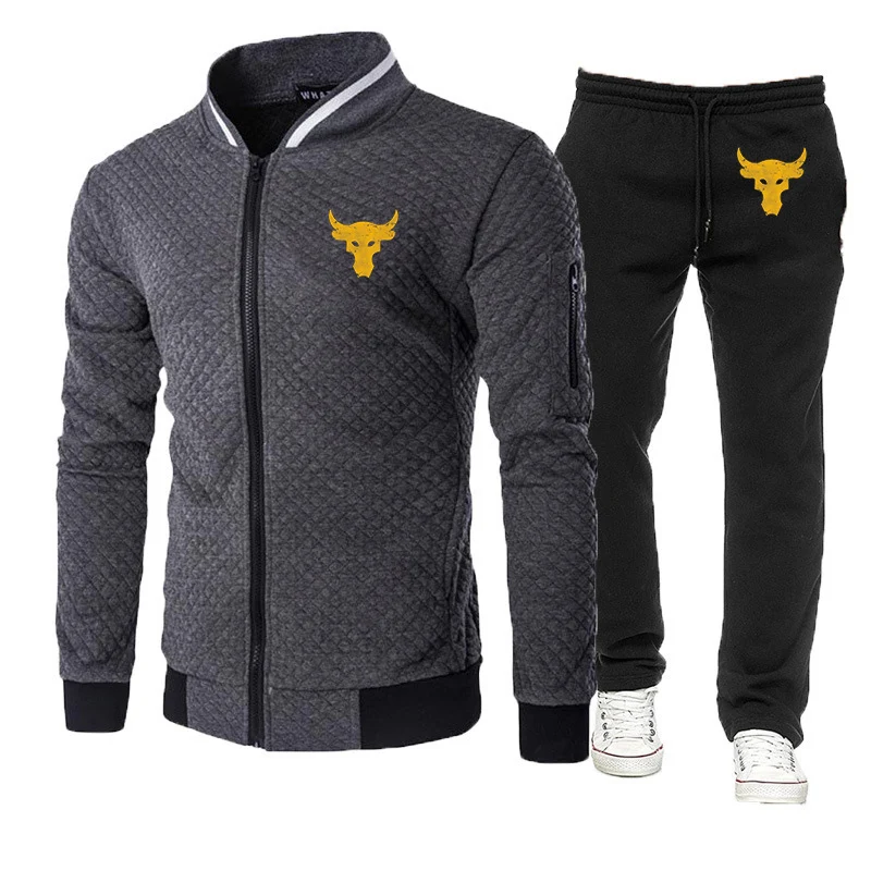 Dwayne Johnson Brahma Bull Tattoo Logo Print Spring Autumn Mens  Popular Round Neck Jacket Sportswear+Sweatpants Slim Sports Set