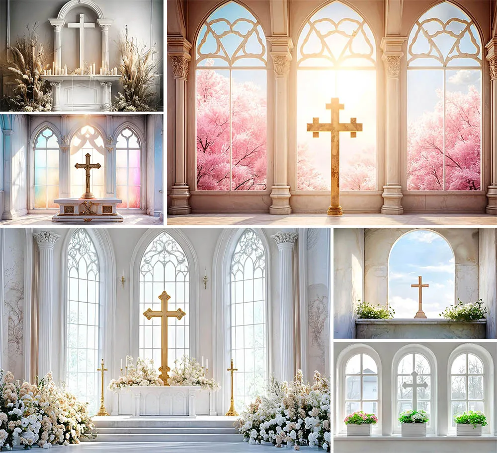 

Mehofond Photography Backdrop Church Easter Day Adult Party Cross Candles Florals Sunlight Blossoms Marble Window Decor Backdrop