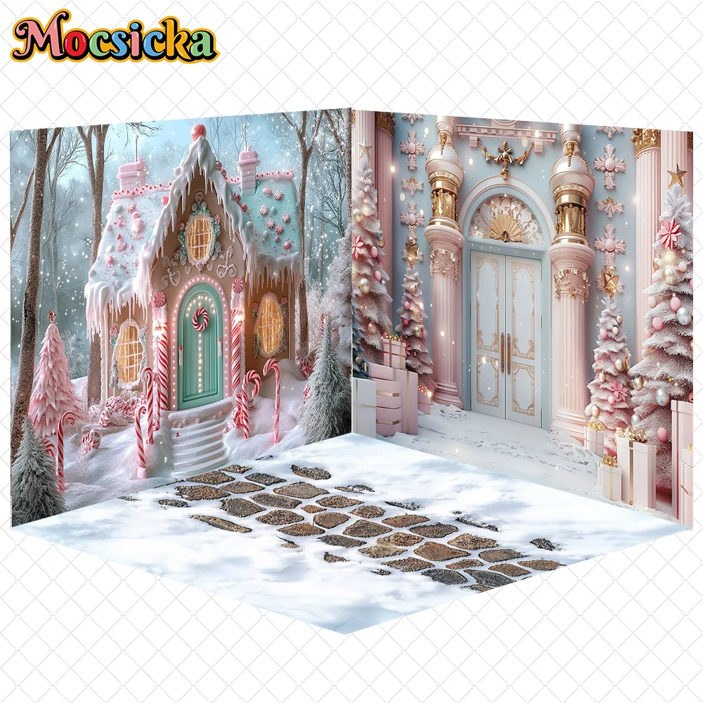 

Mocsicka Christmas Castle Background Forest Pink House Door Tree Decoration Wallpaper Family New Year Party Photography Backdrop