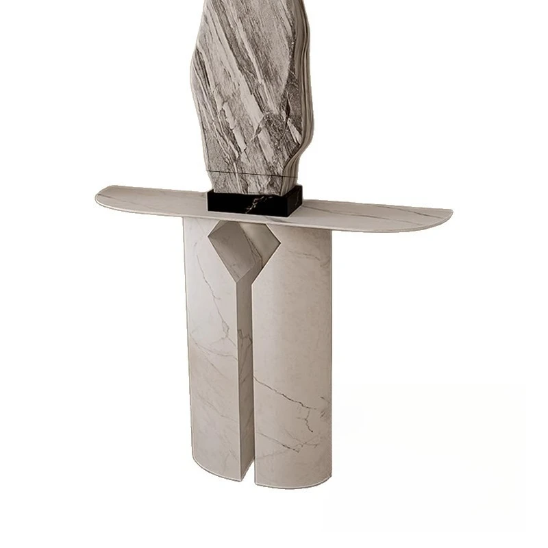 

Semicircular light luxury door entrance cabinet, simple modern rock slab entrance foyer, Chinese red arc end view platform