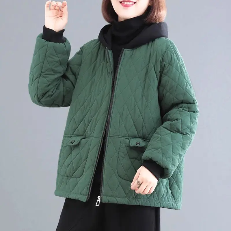 Casual Top Women\'s Large Size Loose Cotton Linen Short Coat Hooded Zipper Thickened Warm Quilted Jacket Autumn Winter Z3199