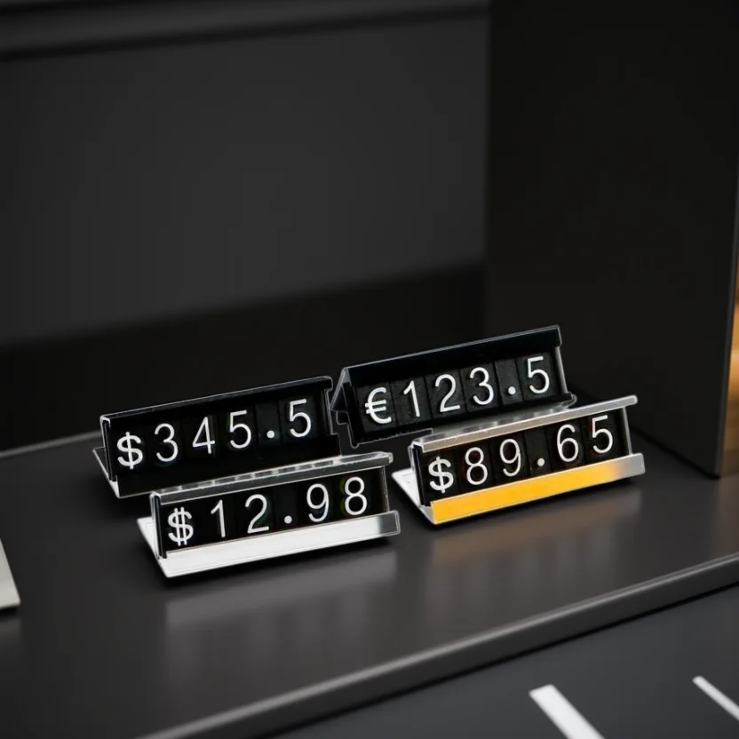 Quadro de alumínio jóias numeral preços cubo sinal número ajustável preço tag exibição contador suporte tag etiqueta conjunto para loja varejo