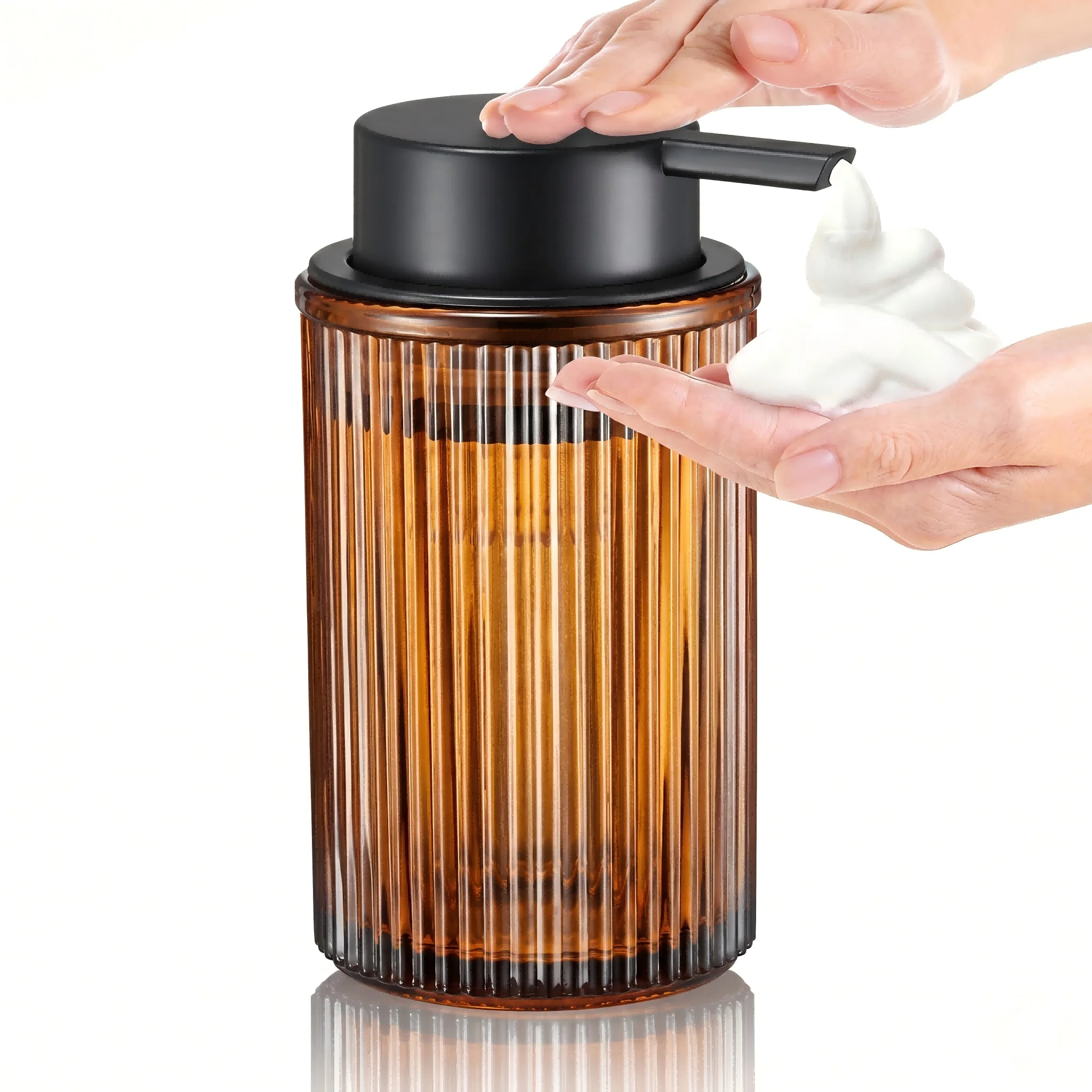 Vintage Amber Brown Glass Foam Soap Dispenser with a Matte Black Pump Head, Suitable for Bathroom and Kitchen Countertop Styling