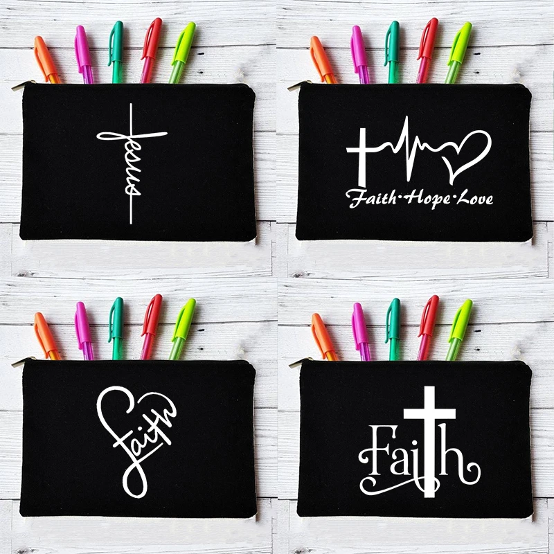 Cross Jesus Faith Christian Cosmetic Bag Girl Lipstick Bags Women Make Up Organizer Pouch Toiletry Case Pencil Bag Easter Gifts