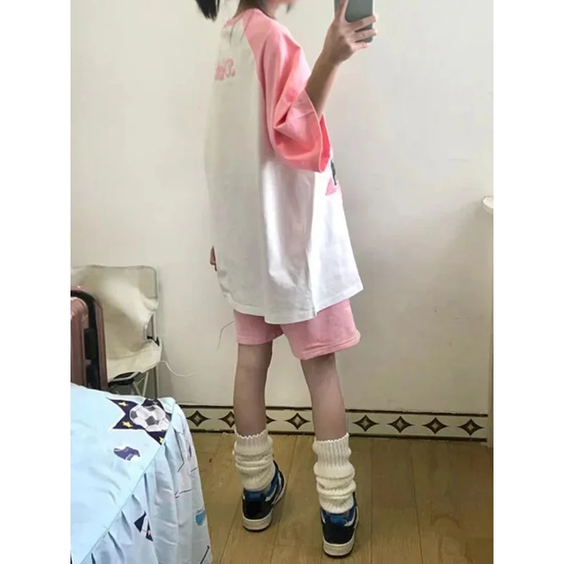 اليابانية Y2k الجمالية بلايز الحلو Kawaii الكرتون القط طباعة المرأة تي شيرت لطيف فضفاض عادية كل مباراة تي شيرت الصيف الجرونج