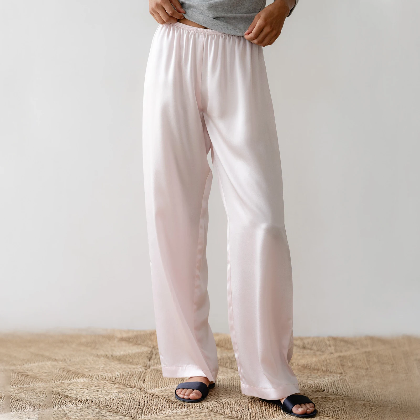 Womens Solid Silk Lounge Pants Elastic Waistband Wide Leg Casual Pull On Trousers