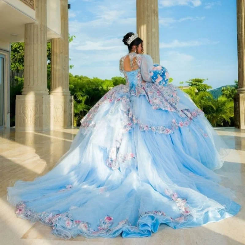 Błękitna suknia Quinceañera z odkrytymi ramionami, kryształkami, brokatem, kwiatowymi aplikacjami, warstwowa, z długim trenem, vestidos de 15 Quinceañera ﻿ Dostosuj