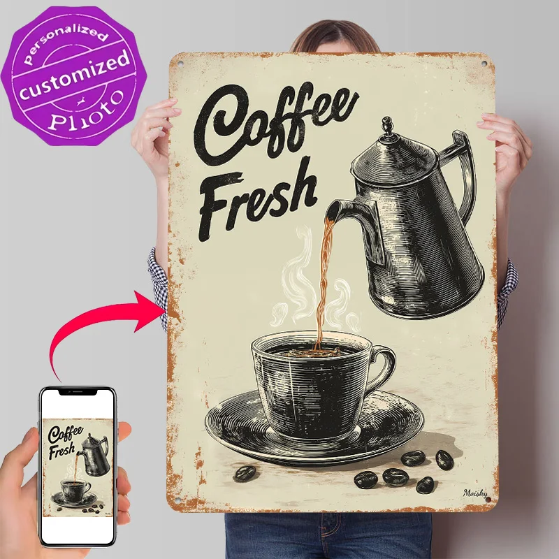 Retro Coffee Fresh Brew Vintage Wall Art 3D Texture Metal Poster Customized Wall Art Tin Sign Gift for Mancave Desk Decor Room