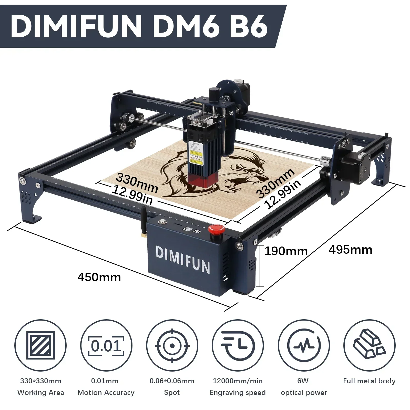 High Efficiency 6W Laser Engraving Machine with WIFI APP Control for Large Area Engraving and Cutting, DM6 by DIMIFUN