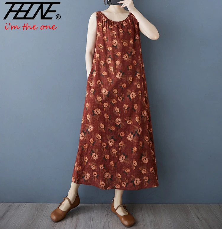 THHONE Letnie sukienki dla kobiet 2025 Print Bohemian Robe Vestidos De Mujer Tank Sleeveless O Neck Vintage Casual A-line Dress