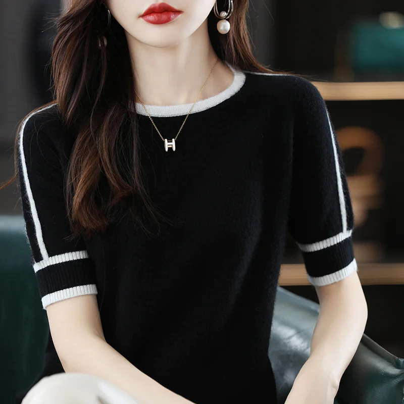 여름 얇은 한국 스타일 반팔 O넥 패치워크 슬리밍 여성 니트 탑 캐주얼 우아한 심플 풀오버 레이디 티셔츠 1903