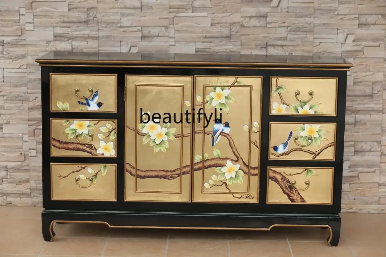 

yj5New Chinese Style Hand Drawn Flowers and Birds Sideboard Cabinet Storage Decoration Six Bucket Double Door