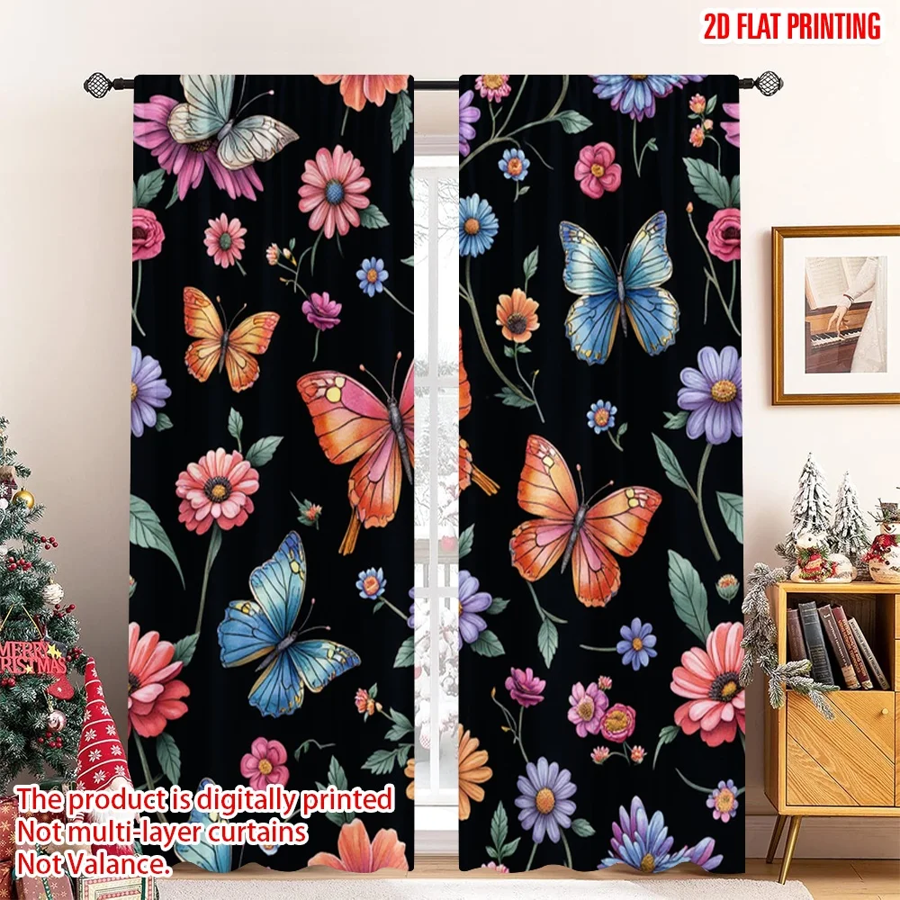 2 قطعة 2D الطباعة المسطحة المشهد الستار نابضة بالحياة فراشة الأزهار الرقمية المطبوعة البوليستر الستائر احتفالية جدار ديكور استخدام لقضاء عطلة #1