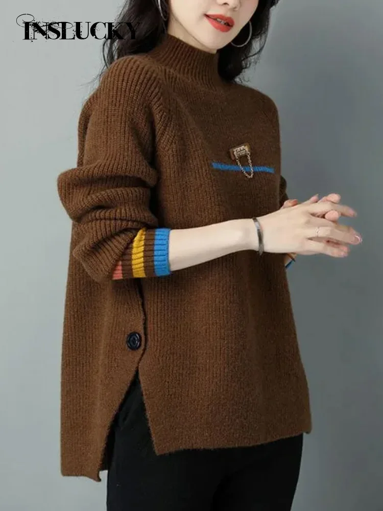 InsLucky Autumn Winter Sweater For Female Mock Neck Long Sleeve Splice Buttons Loose Pullover Letter Pink Chic Women's Clothing