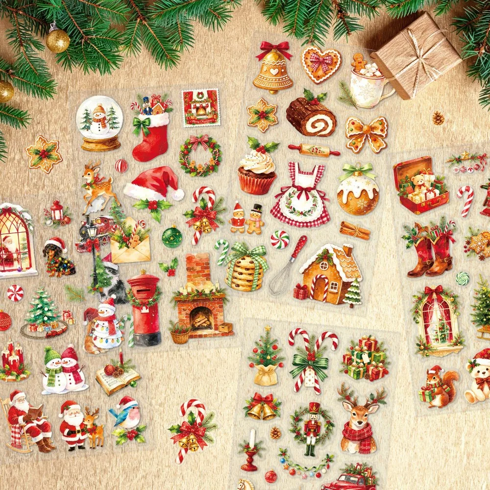 5 Sheets Ins‑Style Waterproof Christmas Journal Stickers, Original Xmas DIY Scrapbooking Decor Decals
