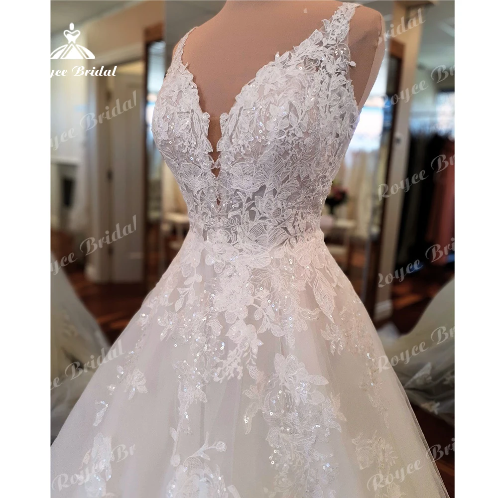 Roycebridal-فستان زفاف مدني مع زينة على شكل حرف V, ثوب دانتيل, ذيل طويل, فستان الزفاف, حبيب, حبيب