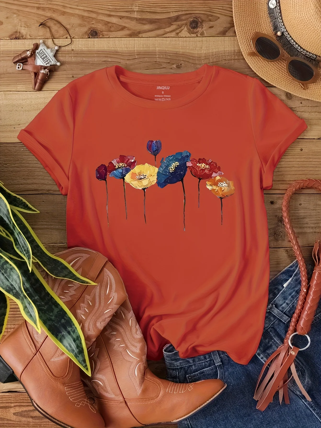 Watercolor Floral Women's Tee - Colorful Poppy Graphic, Artistic Casual Top