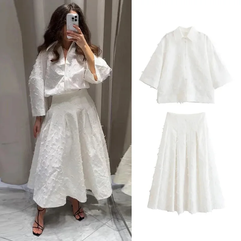 Fangokv Elegant Tassel Shirt Skirt Women Outfit Lapel Three-quarters Sleeve Shirts Pleated Skirts 2025 Summer 2 Pieces Lady Set