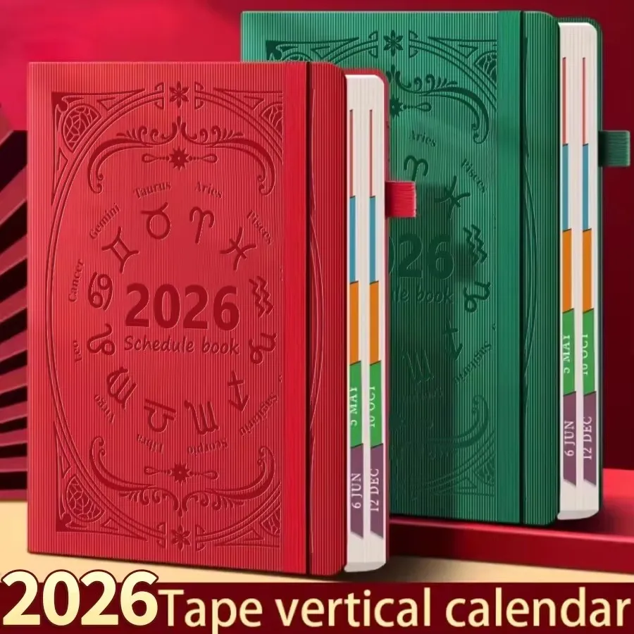 2026 A5 Tragbares, strukturiertes PU-Leder-Agenda-Buch mit englischen Kalender-Notizblöcken, täglicher kreativer Planer, Erinnerung, Desktop-Datum