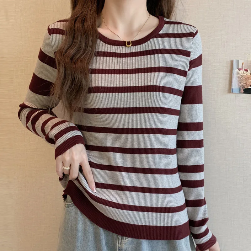 Maglione lavorato a maglia Donna Pullover Nuova maglieria a maniche lunghe Maglione lavorato a maglia Pullover Donna Top O-Collo a righe Sueters De Mujer Q2709