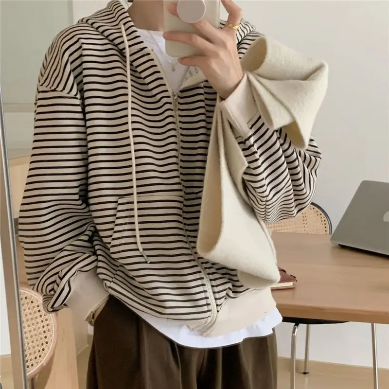 Hoodies Women Loose Design Fashion Students Tender Striped Leisure All-match Spring Vintage Korean Style Sporty Elegant Simple